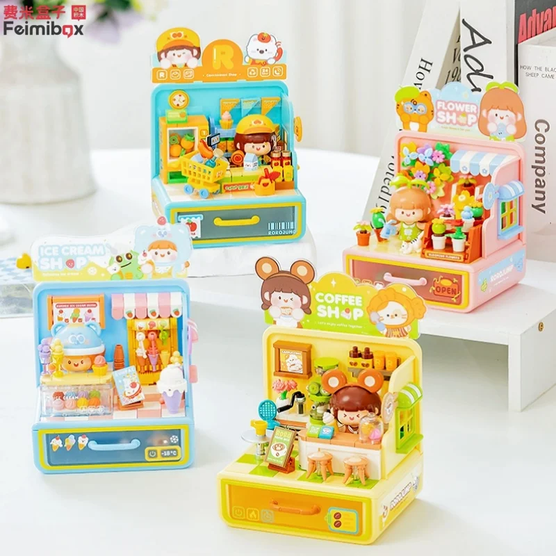 

Feimibox Building Blocks Coffee Shop Small Particle Assembly Model Ice Cream Shop Scene Splicing Toy Desktop Street View Gift