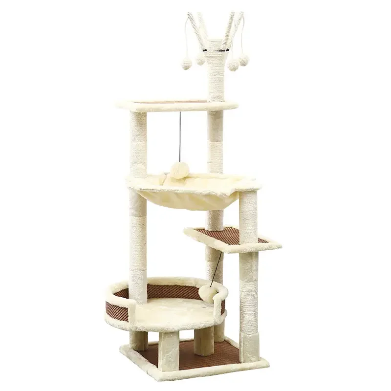 Modern Tall Cat Tower Scratching Posts Condos Top Perch Rattan Wooden Cat Tree