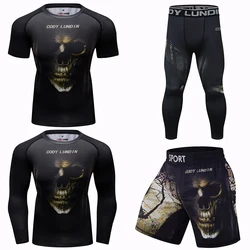 Cody kompresyjne T-shirty MMA + spodnie spodenki Muay Thai mężczyzn jiu jitsu BJJ Rashguard dres Fitness koszulki bokserskie kombinezon sportowy