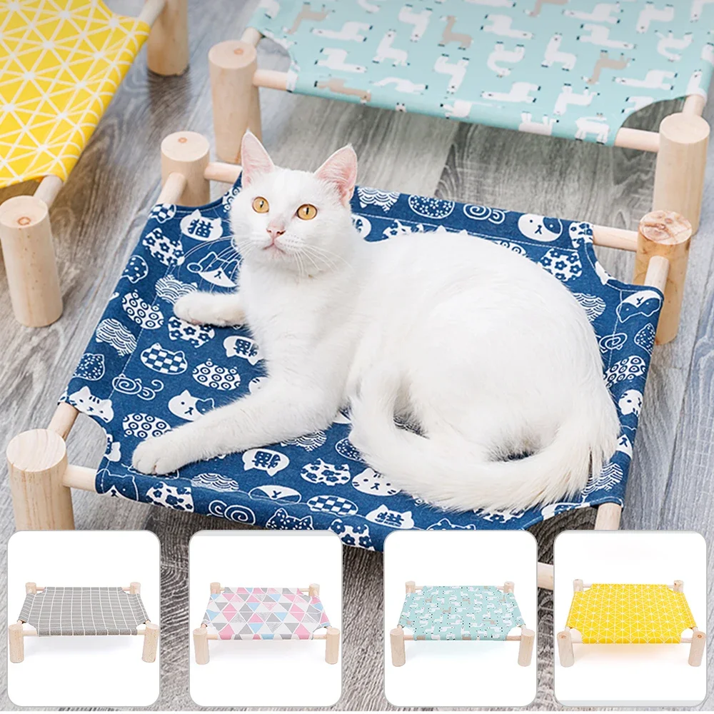 New Durable Canvas Cat Bed House Elevated Cat Hammocks Cushion Wood Canvas Cat Lounge Bed for Small Dogs Cats House Pet Products