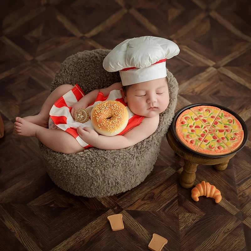 Kostum koki fotografi baru lahir, Set kostum tema Pizza, topi koki celemek bergaris, aksesori properti pengambilan foto Studio bayi