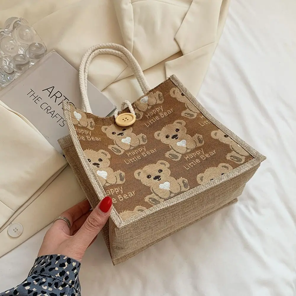 

Portable Linen Fabric Canvas Handbag Cartoon Bear With Button Lunch Bags Large-capacity Reusable Picnic Breakfast Bag Women