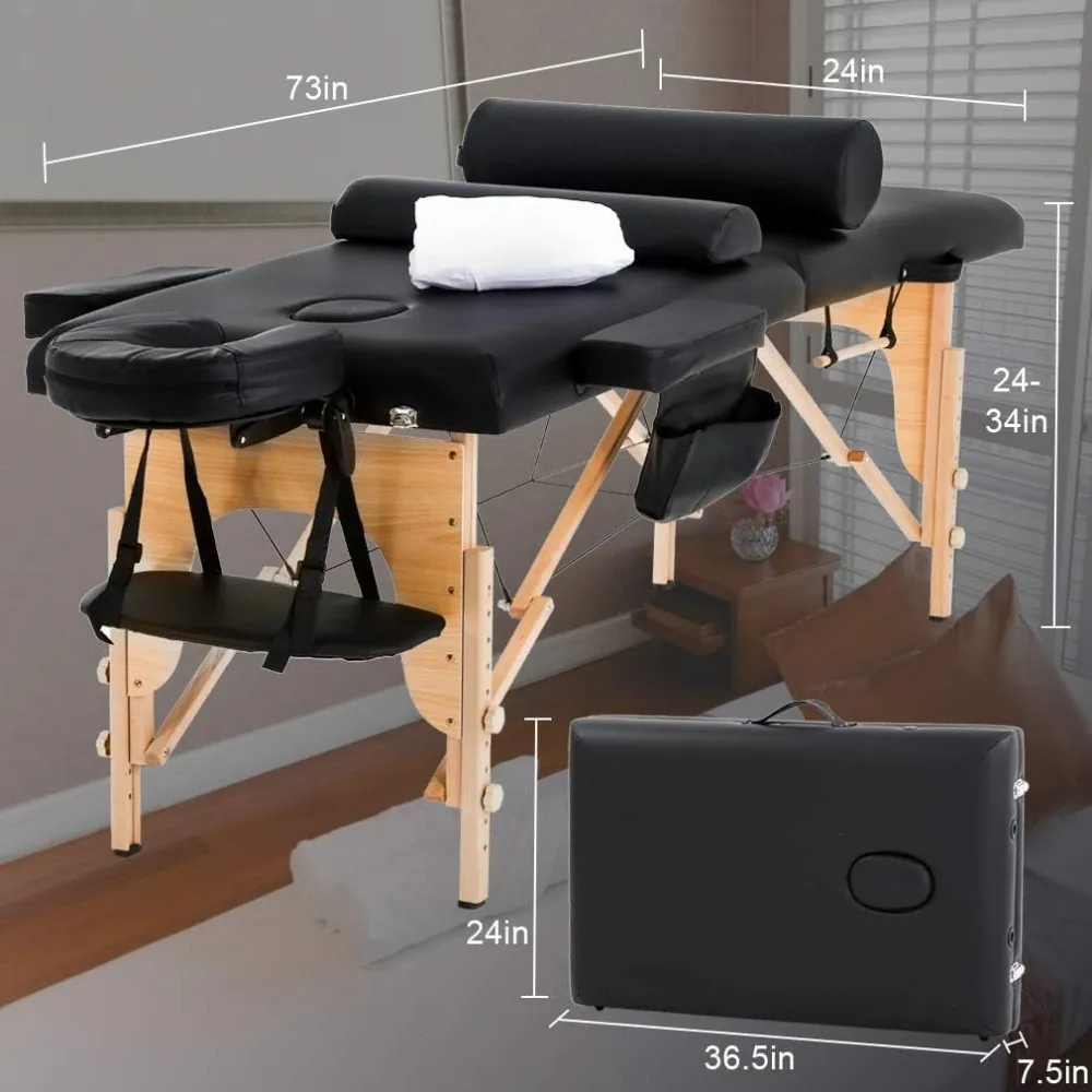 Table Portable Bed 2 Fold Lash Bed Height Adjustable Spa Bed with Towel Hanger Oil Pouch Half Bolster Round