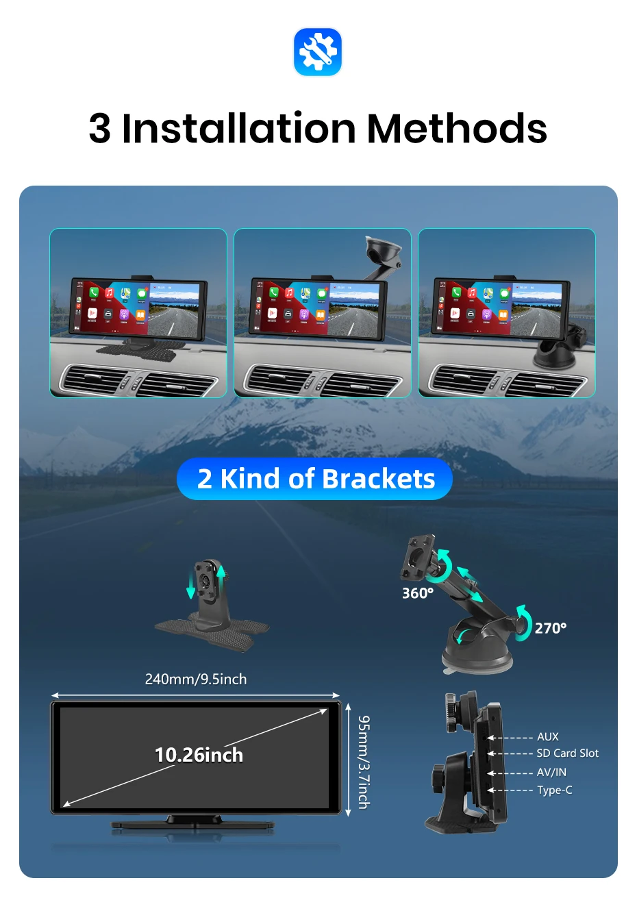 Junsun 10,26 Zoll Dashcam 4K Auto-DVR, kabelloses Carplay für Apple Android Auto, GPS-Navigation, Dashboard-Videorecorder, IPS-Touchscreen, Dual-Objektiv-Rückfahrkamera, BT-Audio, AUX, WIFI, FM – Detail 15