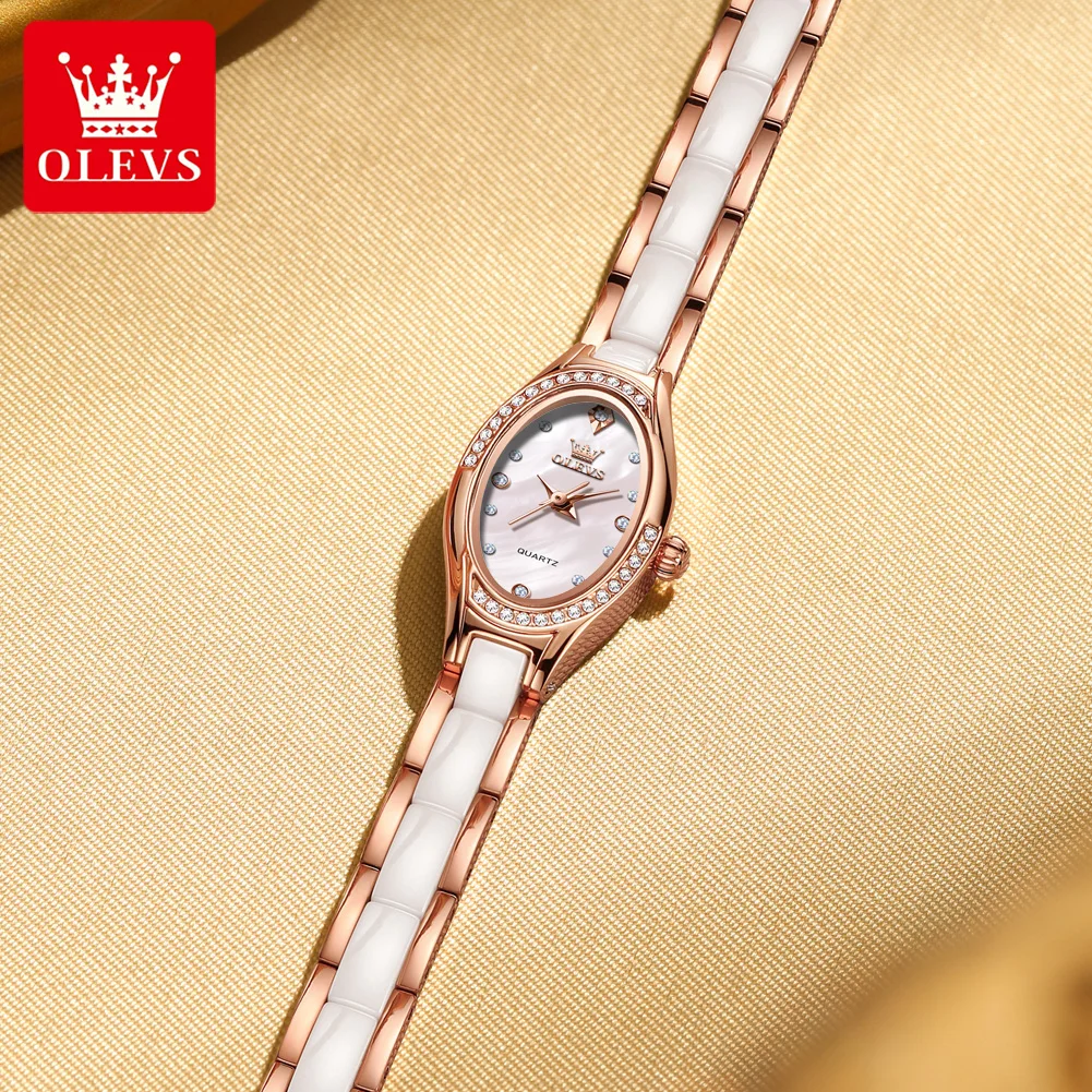 OLEVS Brand New Quartz Watch for Woman Elegant Luxury Ceramics Steel Strap Fashion Oval Diamond Dial Women's Waterproof Watches