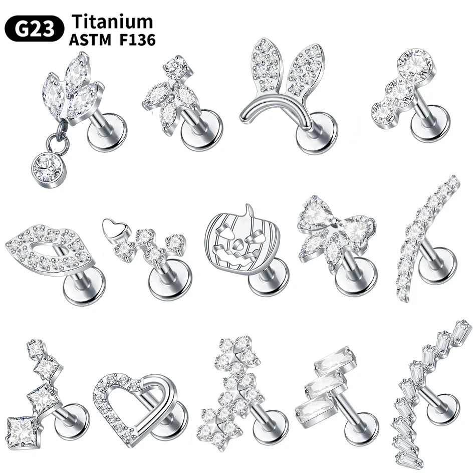 

5Pcs G23 Titanium Flower Heart Ear Cartilage Earrings Helix Piercings Zircon Conch Rook Tragus Stud Labret Back Piercing Jewelry