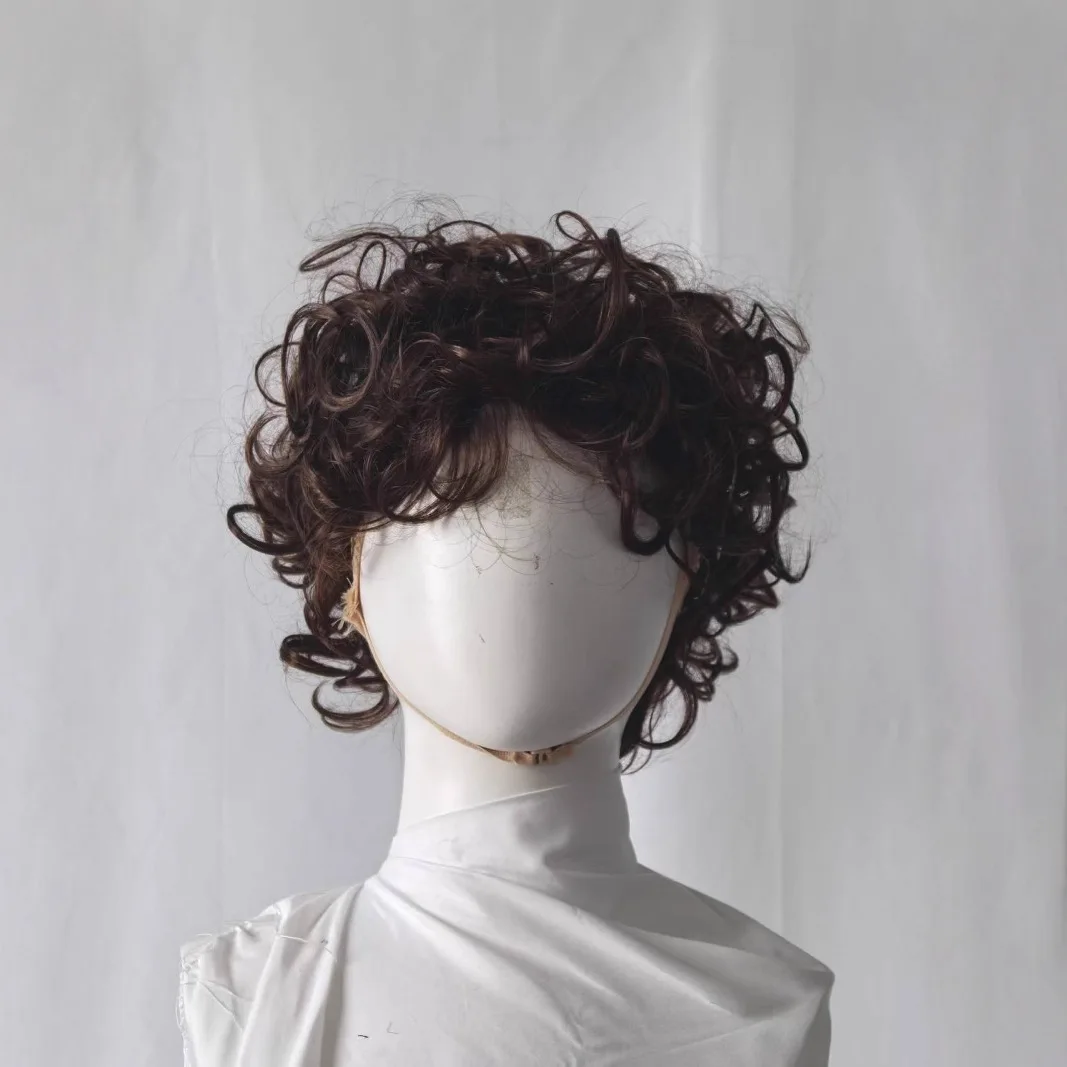 Men Short Curly Wig Dark Brown Natural Fluffy Flip Bangs Full Synthetic Wig for Daily Cosplay Part