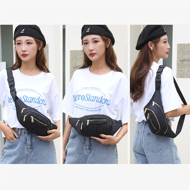 Waist Bags for Women Nylon Zipper Chest Bag Chain Embroidery Shoulder Crossbody Bags Large Capacity Mobile Phone Fanny Pack