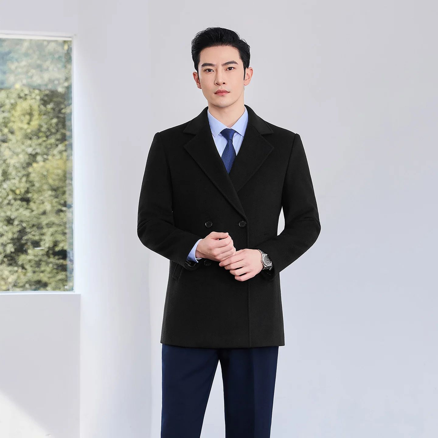 

V neck Design Wool Material Men's Mid-length Coat Soft Warm and Stylish
