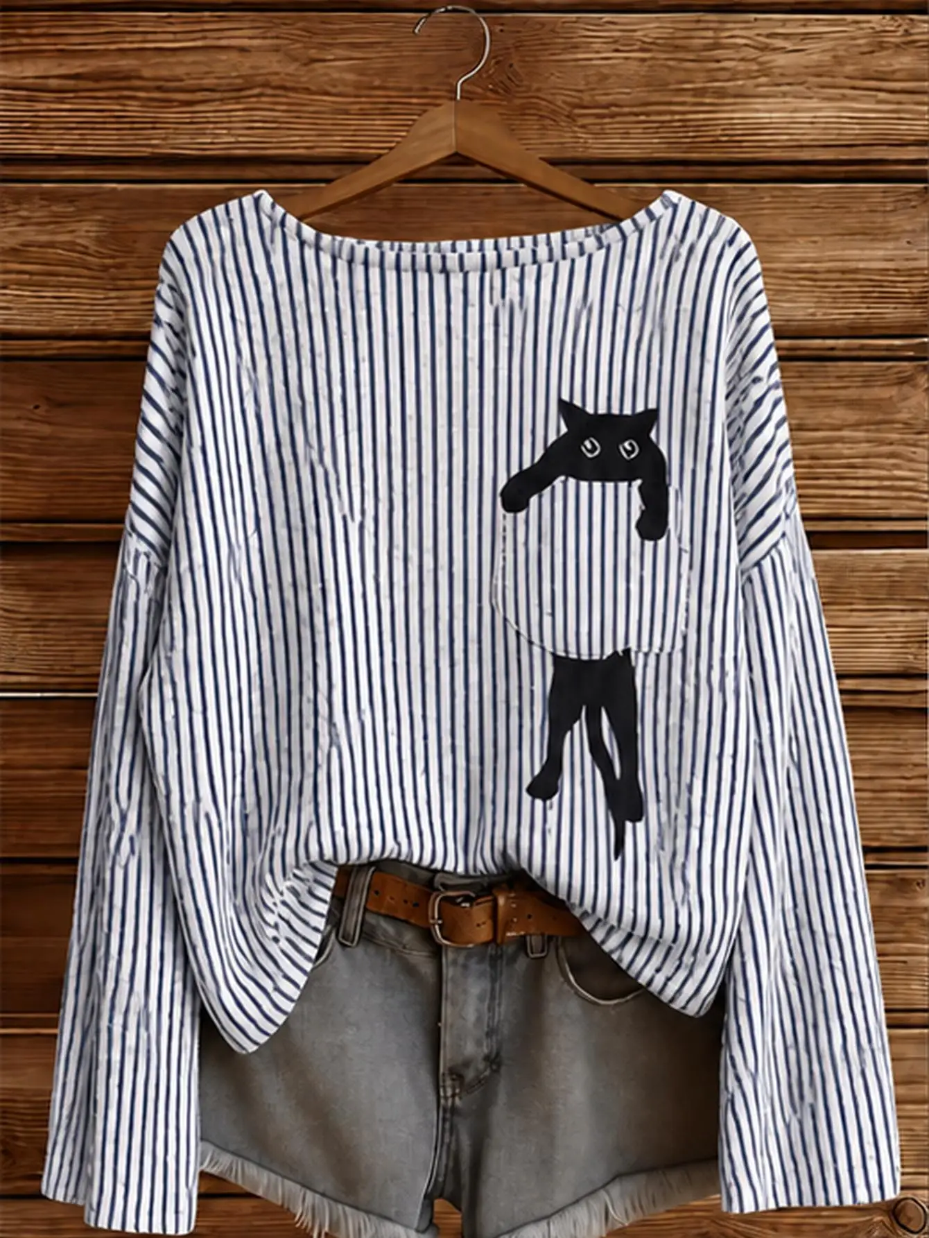 Plus Size Women Striped Black Cat Print Pocket Off‑Shoulder Halter Neck Sweater, Oversized Soft Chic Pullover for Autumn Winter