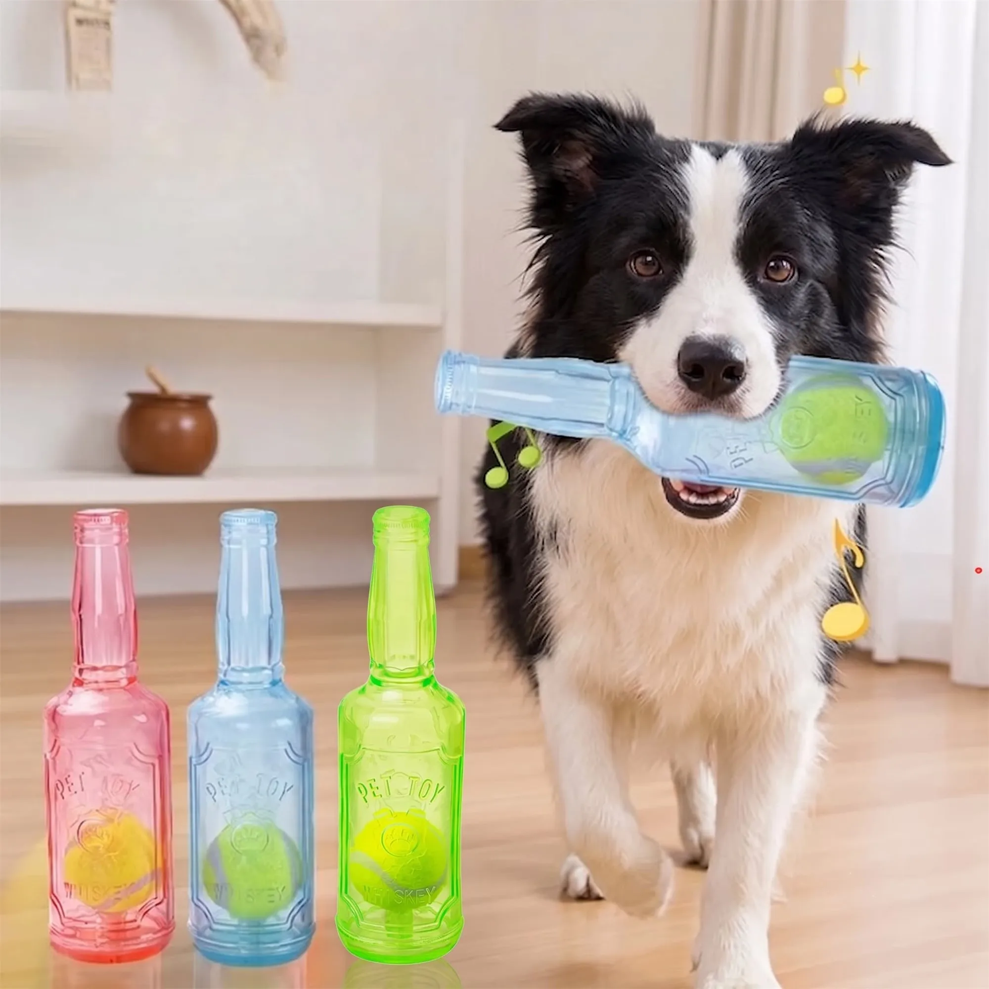 TPR Bierflaschen-Hundespielzeug, bissfestes Quietschspielzeug mit befestigtem Tennisball, schwimmendes Trainingsspielzeug für Welpen und kleine Hunde.
