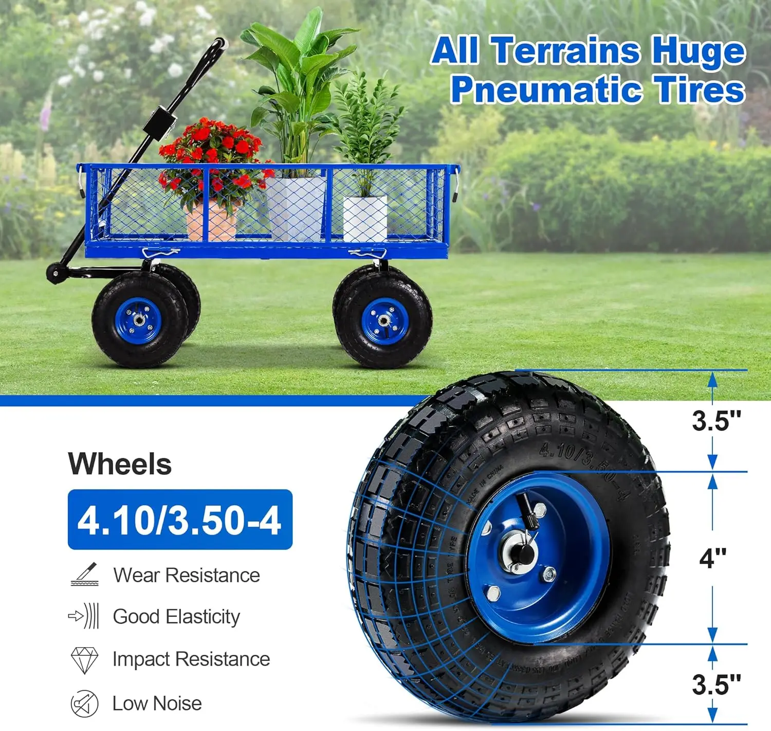 Carro de jardín de acero con lados extraíbles, carro utilitario de servicio pesado de 880 libras con neumáticos enormes, carro de vagón