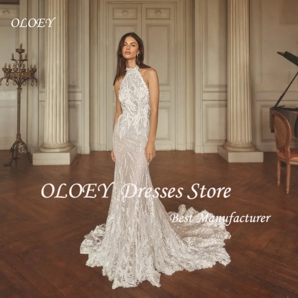 OLOEY Maßgeschneidertes ärmelloses Hochzeitskleid mit Neckholder-Ausschnitt, hochwertiger Spitze, Meerjungfrauen-Stil, rückenfrei, individuelle Brautkleider, Vestido de Novia