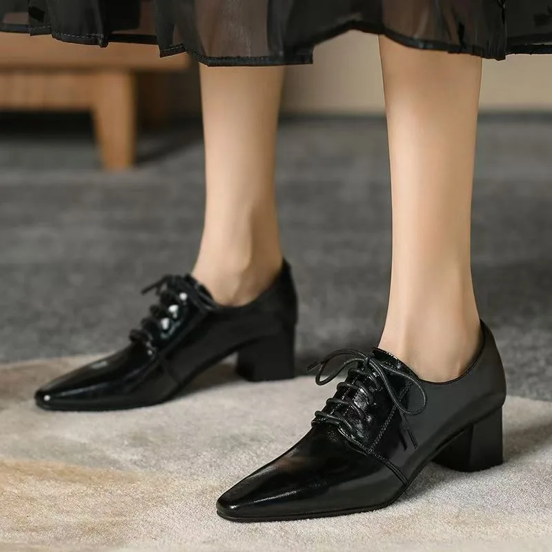 2025 Spring Autumn Women Pumps Natural Leather 22-25cm Cowhide Upper French Vintage Lace Up Pointed Solid Color 2 Step on Shoes
