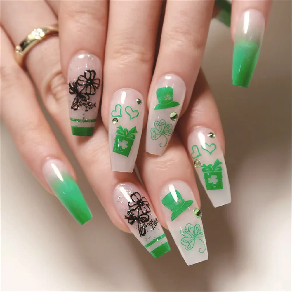 

24PCS St. Patrick's Clear Irish Luck Press-On Nails - Green Hats & Gift Boxes with Black Shamrocks Long European Square