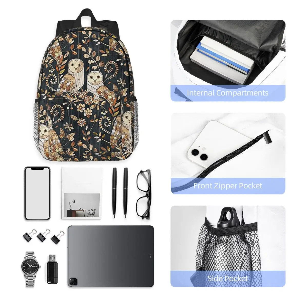 Wooden Wonderland Barn Owl Collag Rucksack, heißer Verkauf, Tagesrucksack, große Kapazität, für Jungen und Mädchen, Büchertasche, Umhängetaschen, für Männer und Frauen, Schultasche