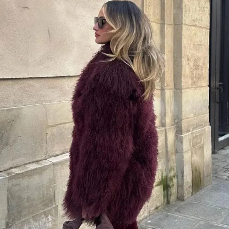 EAEOVNI 2025 New Wine Burgundy Fur Artificial Warm Women's Coat Thick Fluffy Plush Loose Trendy Jacket Winter Coats Clothing