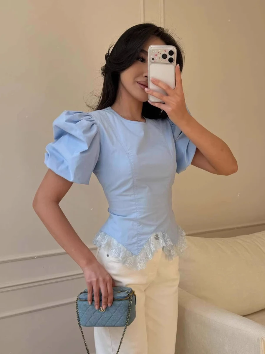 

Llinar 2026 Spring Summer French-style Short sleeve Shirt Women Lace Hem Versatile Top That Combines Elegance Stylish Design
