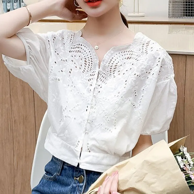 Women\'s Clothing Commute Single-breasted Shirt Solid Color All-match Elegant V-Neck Stylish Hollow Out Summer Loose Blouse 2023