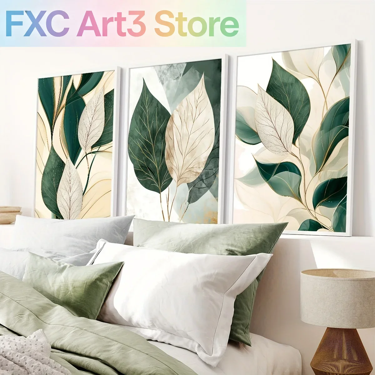 3-teiliges Set rahmenlose, elegante beige-grüne Blatt-Kunstdrucke als Wanddekoration für Wohnzimmer, Schlafzimmer oder Büro, Leinwandposter, ideal für Zuhause.