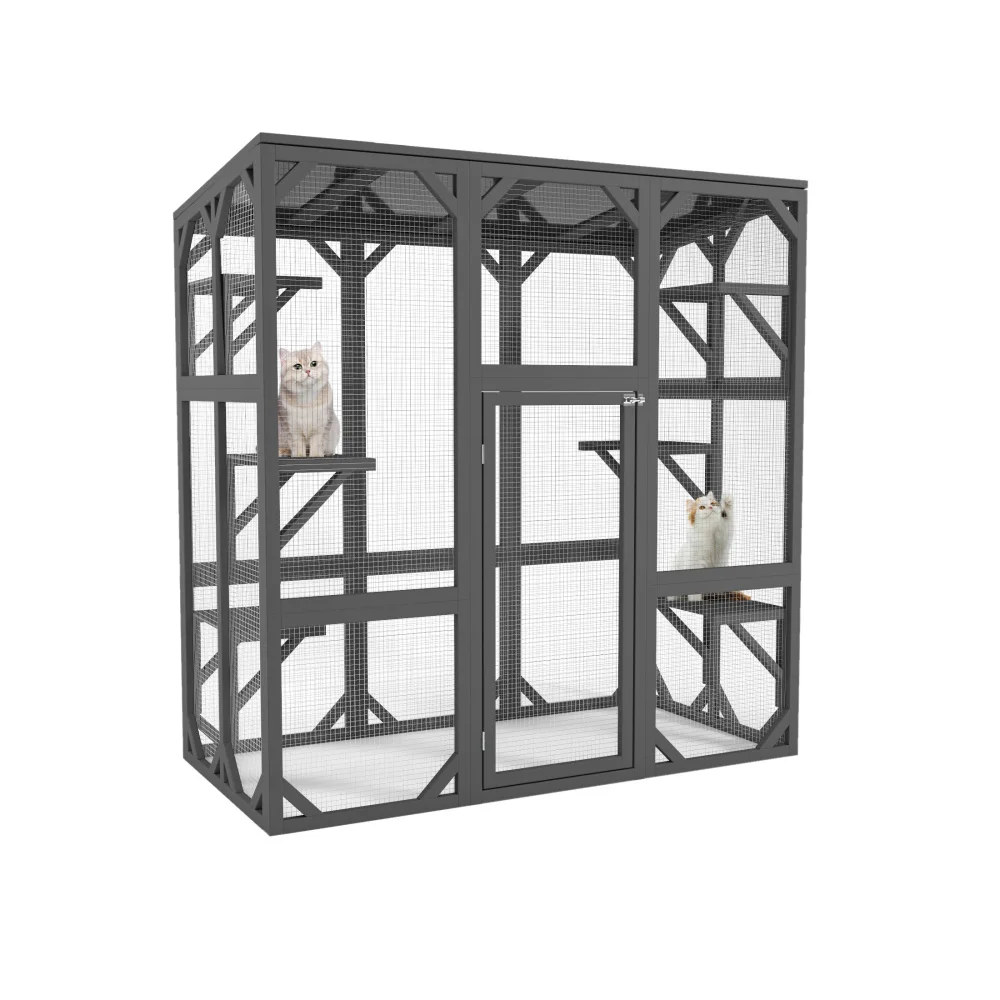 

Деревянная клетка для кошек Catio на открытом воздухе для нескольких кошек: 6 платформ, большая дверь, водонепроницаемая крыша, 60 дюймов, серая