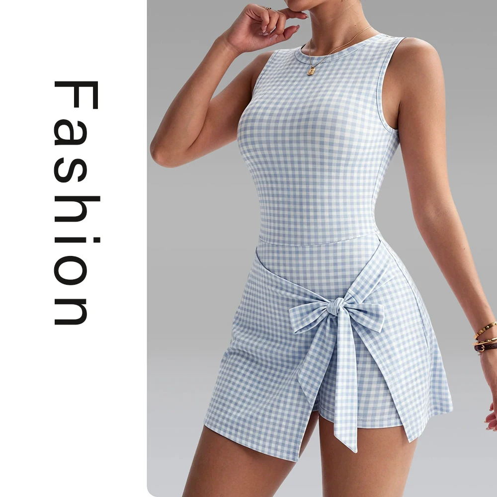 New Summer Checkered One-Piece Yoga Dress Fashionable High-Elastic Tight Sleeveless Lace-Up Fitness Sports Short Skirt For Women