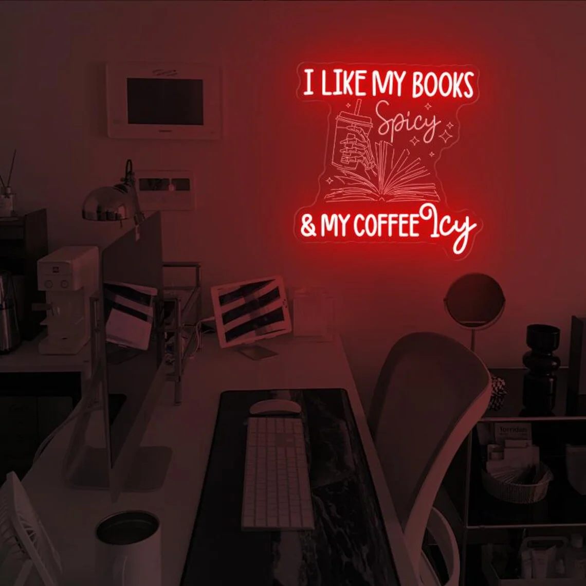Mi piace I miei libri piccante e My Coffee Icy Neon Sign, Spicy Romance neon Sign, regalo per gli amanti del caffè, scheletro Hand wall Art