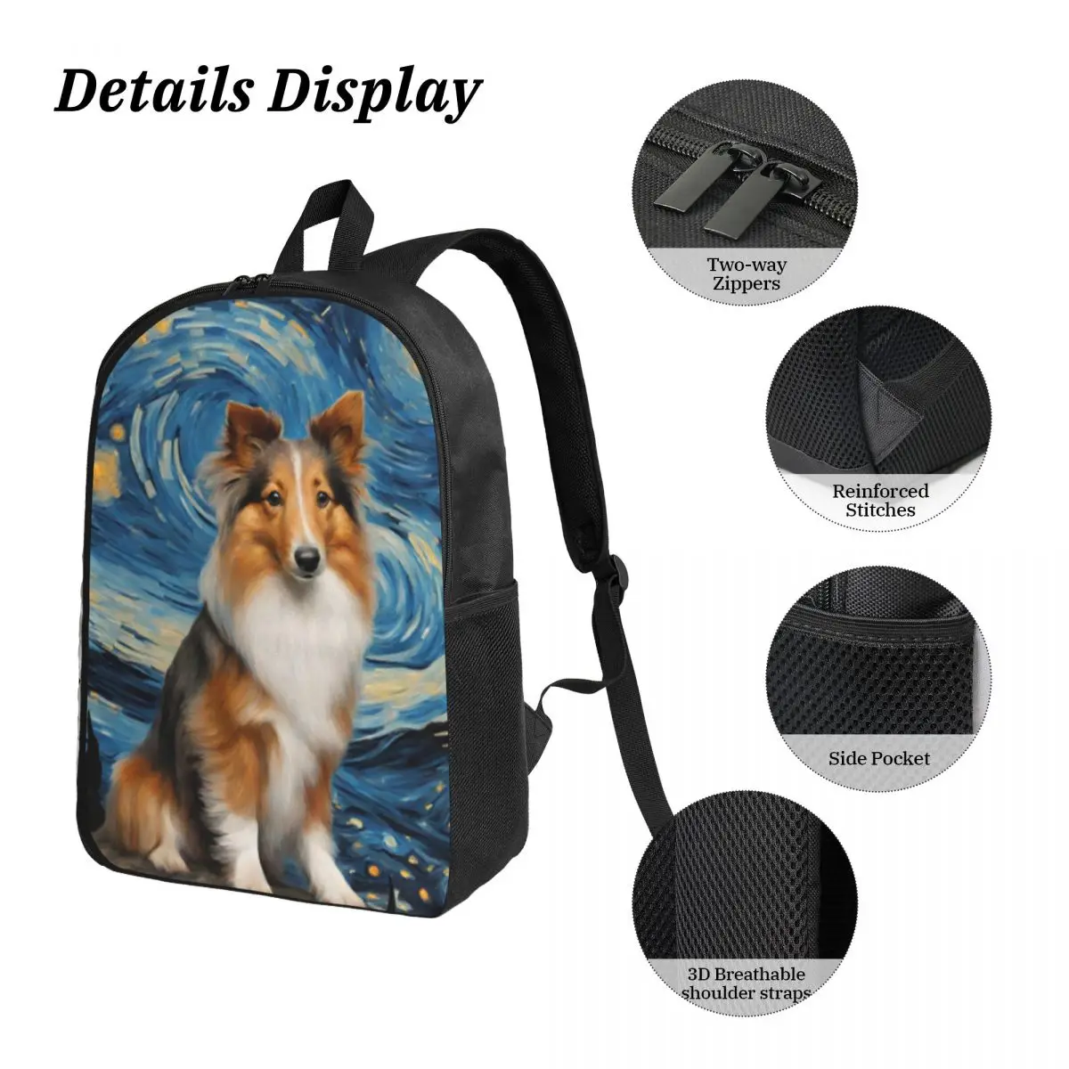 Шетландская овчарка, собака в Ван Гоге, звездная ночь, рюкзак, студенческий рюкзак для мальчиков и девочек, школьная сумка, 3 шт., изолированная сумка для обеда, пенал