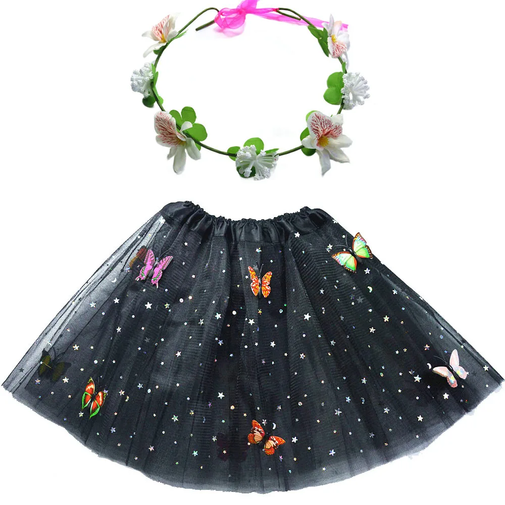 Kids Girl Butterfly Tulle Tutu Skirt Flower Headband Wreath  Party Ball Gown Birthday Gift Cosplay Christmas Halloween Costume
