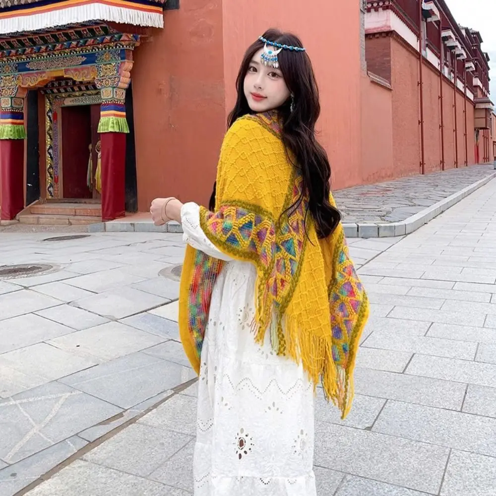 

Универсальный вязаный пуловер в этническом стиле, шаль, зимнее теплое элегантное монгольское пончо, накладки для женщин