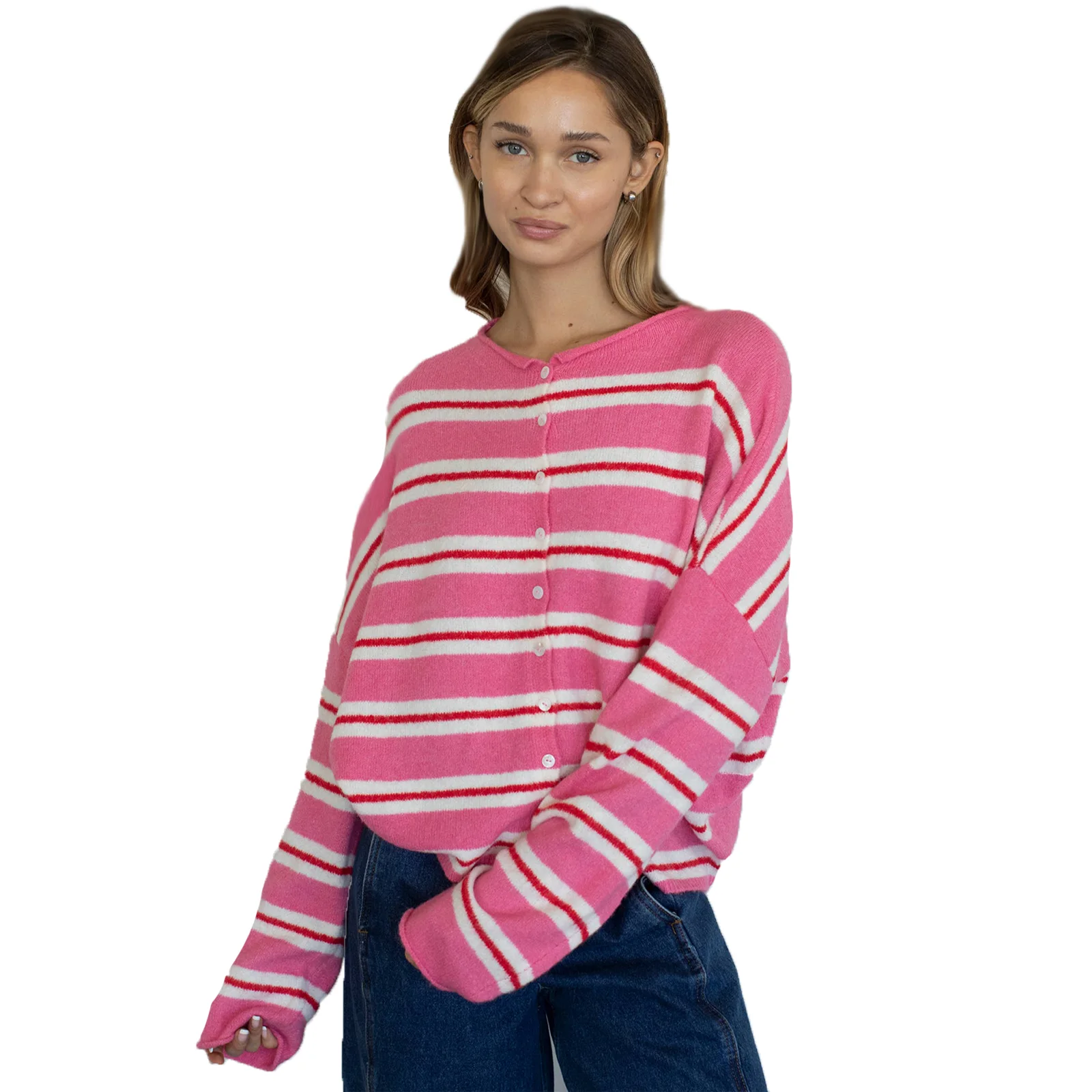

Women's Red and White Striped Button Up Tops Long Sleeve Crew Neck Sweater Casual Fall Pullover Shirts