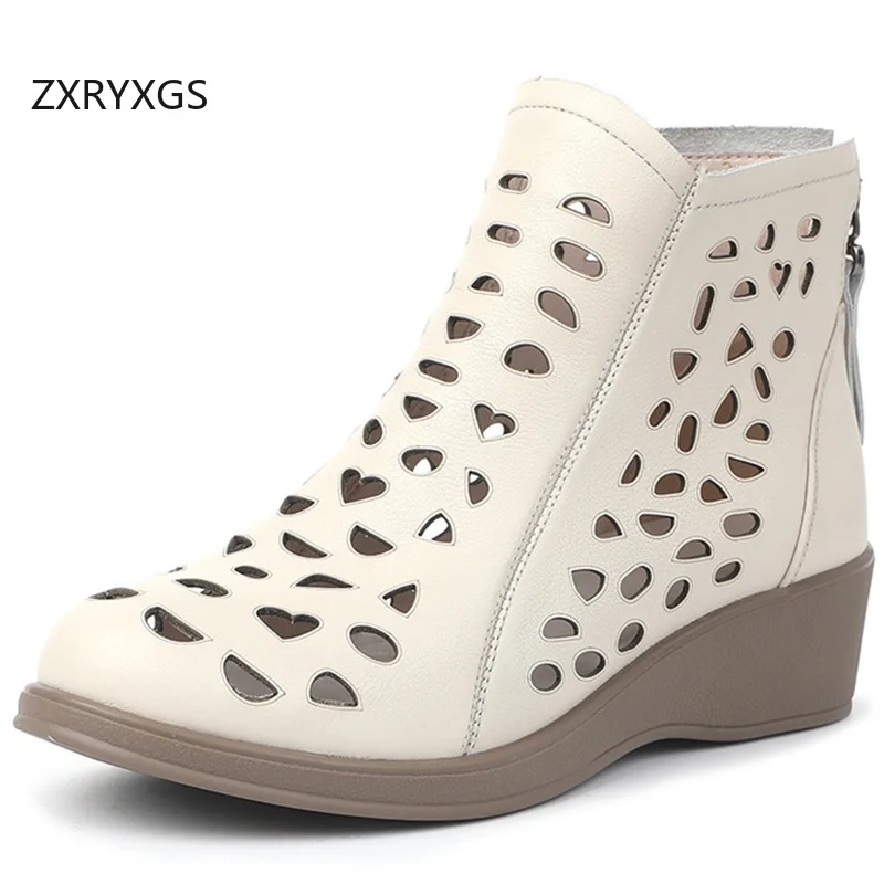 

ZXRYXGS 2026 New Fashion Elegant Premium Genuine Leather Boots Hollow Shoes Breathable Spring Summer Boots Women Wedges Boots