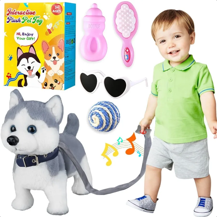 

Husky Walking and Barking Puppy Dog Toy with Control LeashRealistic Wagging Tail Robot Interactive Musical Dancing Animated Plu