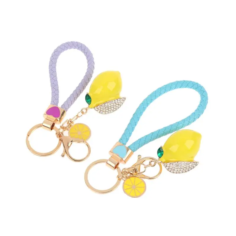 Niedlicher Zitronen-Schlüsselanhänger, modischer Zitronen-Schlüsselring mit Strass, geflochtenes PU-Lederband, Taschenanhänger, Dekoration, schöne Geschenke – Detail 8