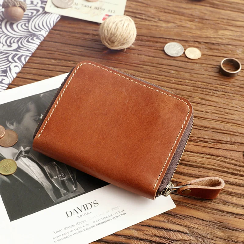 100% Genuine Leather Wallet For Men Male Cowhide Vintage Handmade Short Zipper Mens Purse Card Holder With Coin Pocket Money Bag