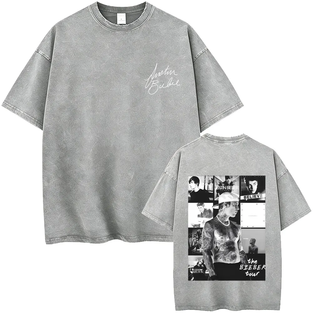 

Washed Vintage Justin Bieber Music Album Cover Graphic T-shirt Men Hip Hop Fashion Oversized T Shirt Male Casual Cotton T-shirts