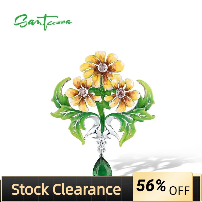 

SANTUZZA Real 925 Sterling Silver Pendant For Women Green Stone Enamel Yellow Flora Elegant Wedding Engagement Gift Fine Jewelry