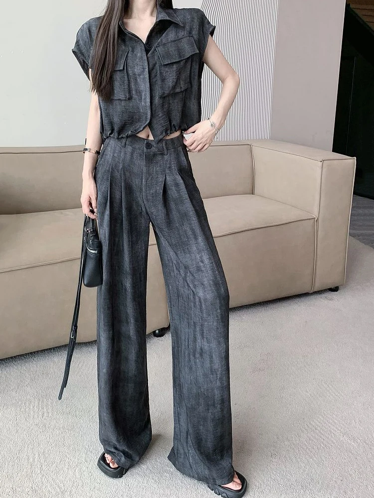 Fashion Two Piece Set Women Shirt Top + High Waist Wide Leg Pants Summer 2 Piece Pant Sets Outfits