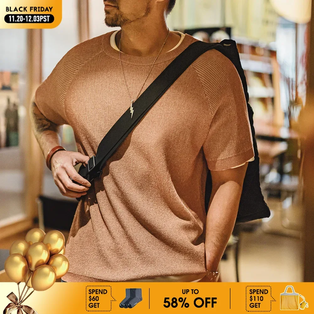 

Maden новая оранжевая вязаная винтажная футболка с коротким рукавом, мужская летняя свободная футболка в рубчик с круглым вырезом, дышащие повседневные уличные топы