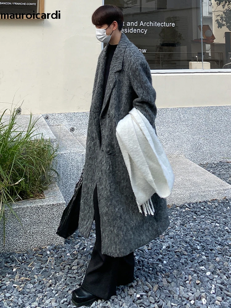 Mauroicardi Autumn Winter Long Gray Oversized Thickened Warm Soft Wool & Blends Coat Men Double Breasted Korean Fashion 2023