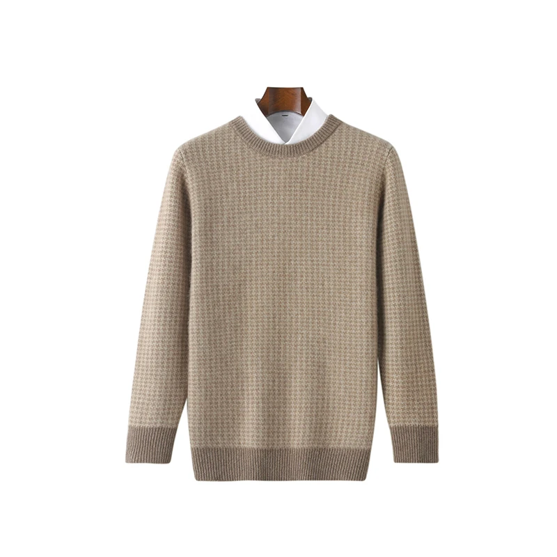 

Men 100% Merino Wool Soft Sweater O-neck Stripe Grid Pullover Contrast Casual Knitting Jumper Autumn Winter Thickened Loose Top