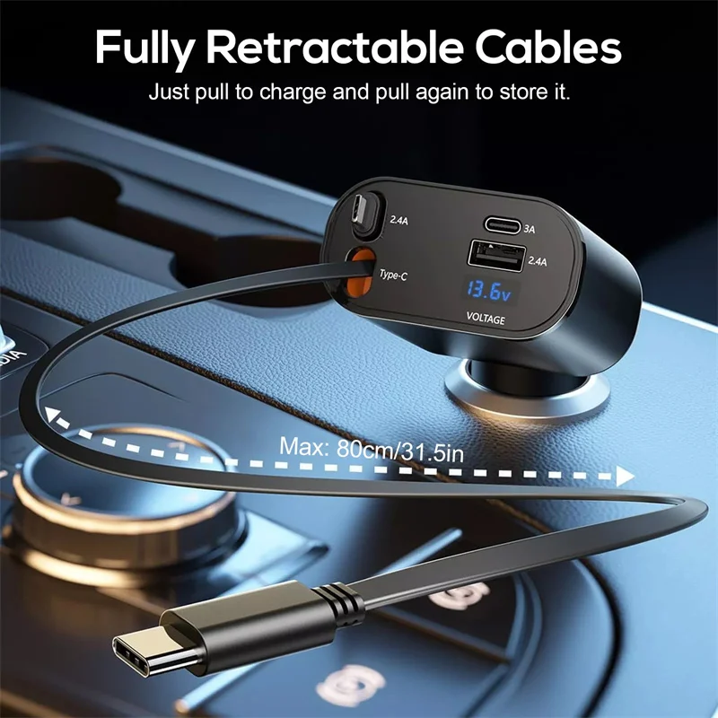 New 120W 4 In 1 Retractable Car Charger USB C For     Fast Charging Cable Cigarette Lighter Adapter view 5