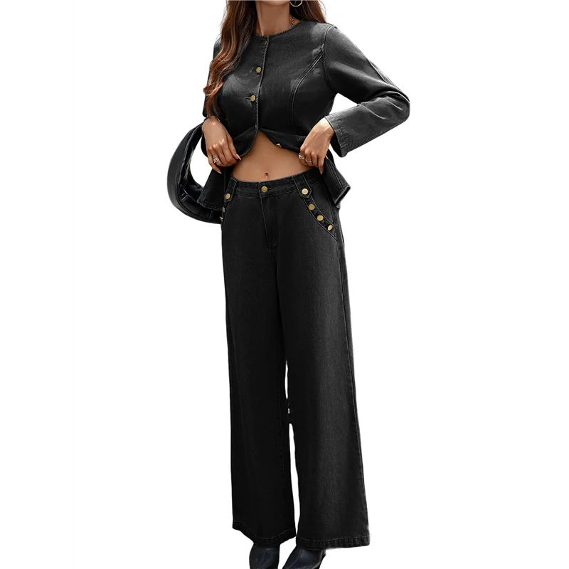 

ABRT-Women 2 Piece Denim Set Y2k Shirt Wide Leg Jeans Palazzo Pants Outfits