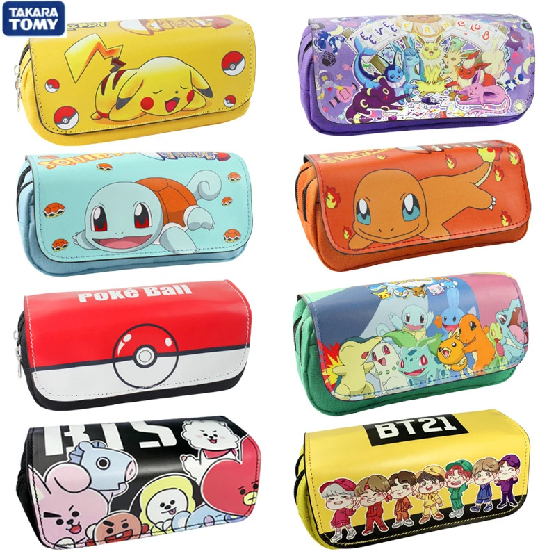 Tomy Kawaii Cute Cartoon  Pikachu Squirtle Charmander PU Zipper Pencil Case Student Double Layer Stationery Bag Storage Bag