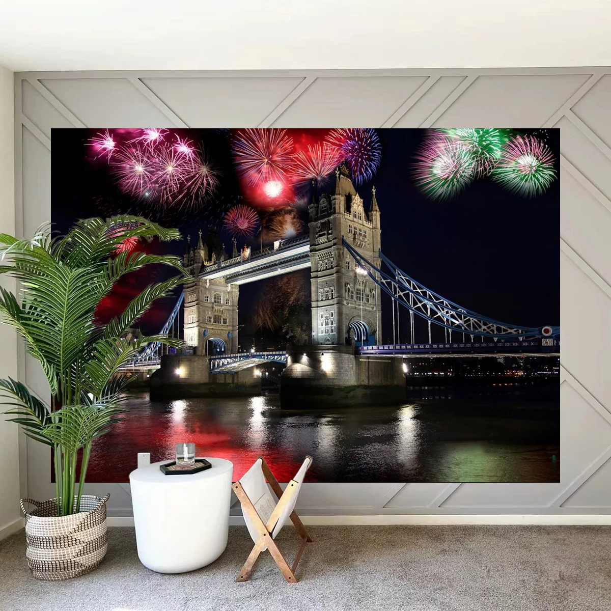 Happy New Year Backdrop Famous City Fireworks Lodon Bridge Background Family Party Banner Merry Chirstmas Festival Decorations