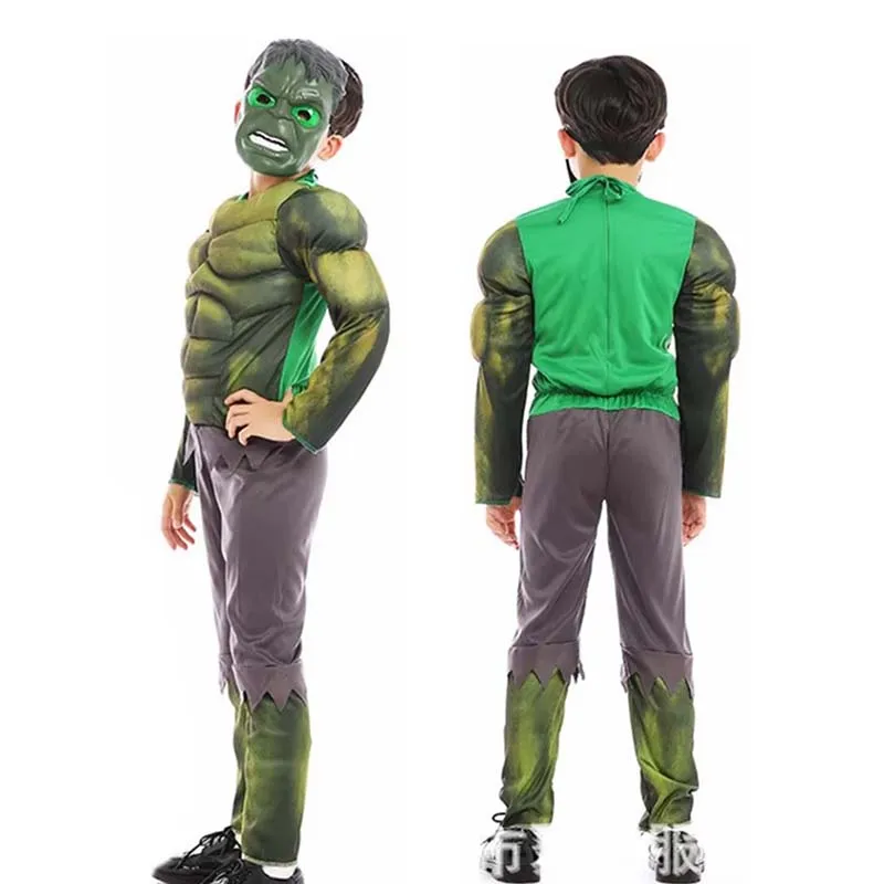 Kids Incredible Hulk Cosplay Costume Jumpsuit Mask Superhero Movie Role Play Muscle Clothes Halloween Christmas Party Dress Up