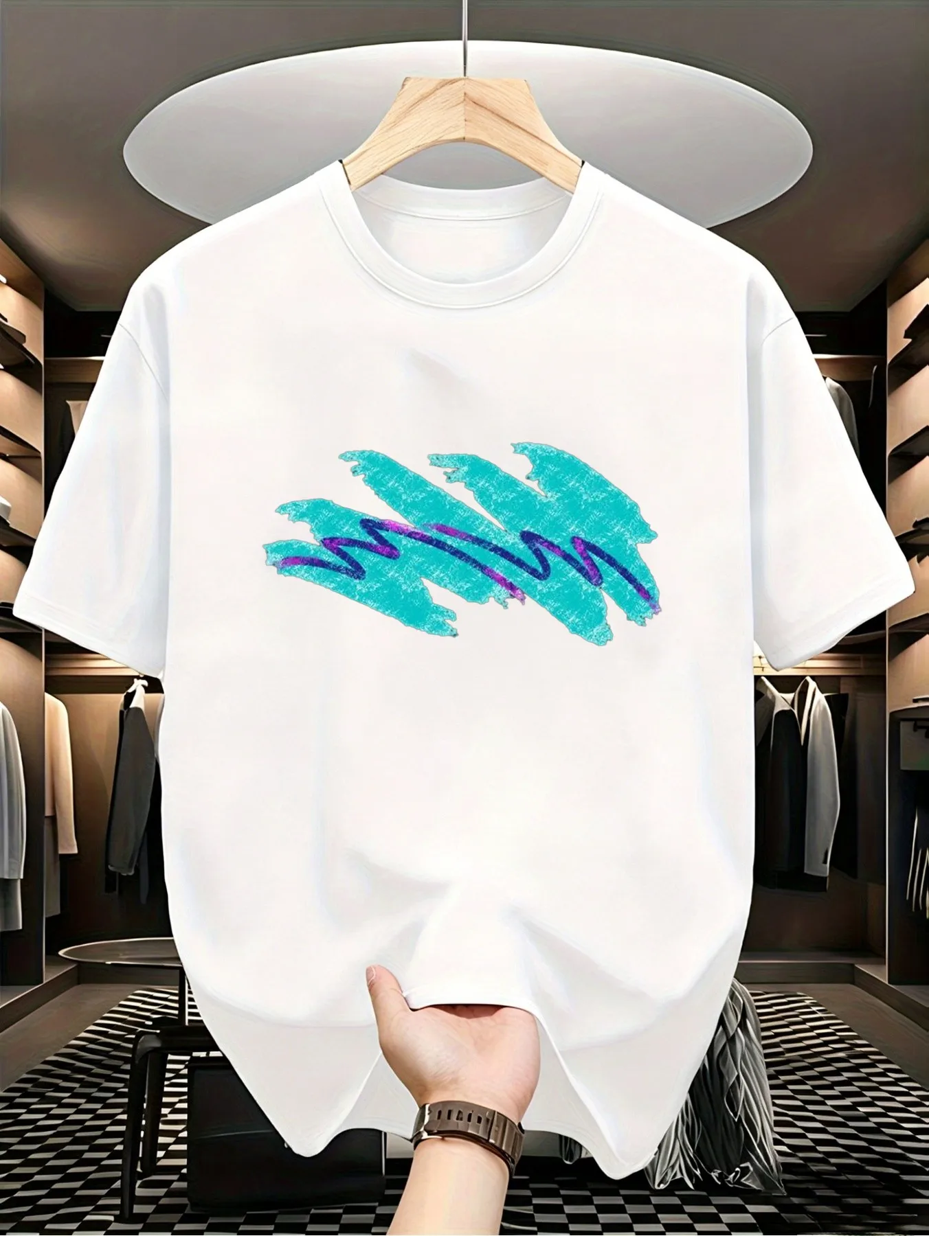 Men's T-Shirt with Abstract Ocean Wave Pattern, Dark Gray with Pebble Blue Print, Soft and Breathable, Suitable for Daily and Formal Occasions, All-Season Casual Shirt, Minimalist Modern Men's Clothing 01