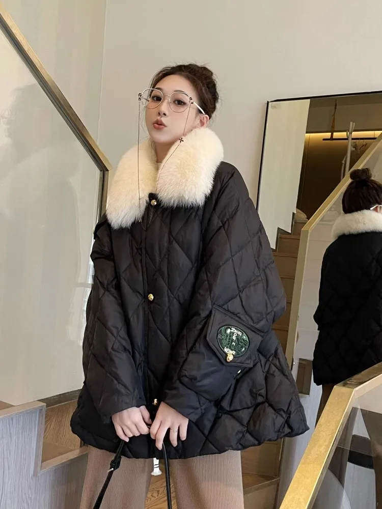 2023 White Duck Down Jacket Winter Women Warm Loose Coat Natural Real Fox Fur Collar Thick Luxury Outerwear New Fashion