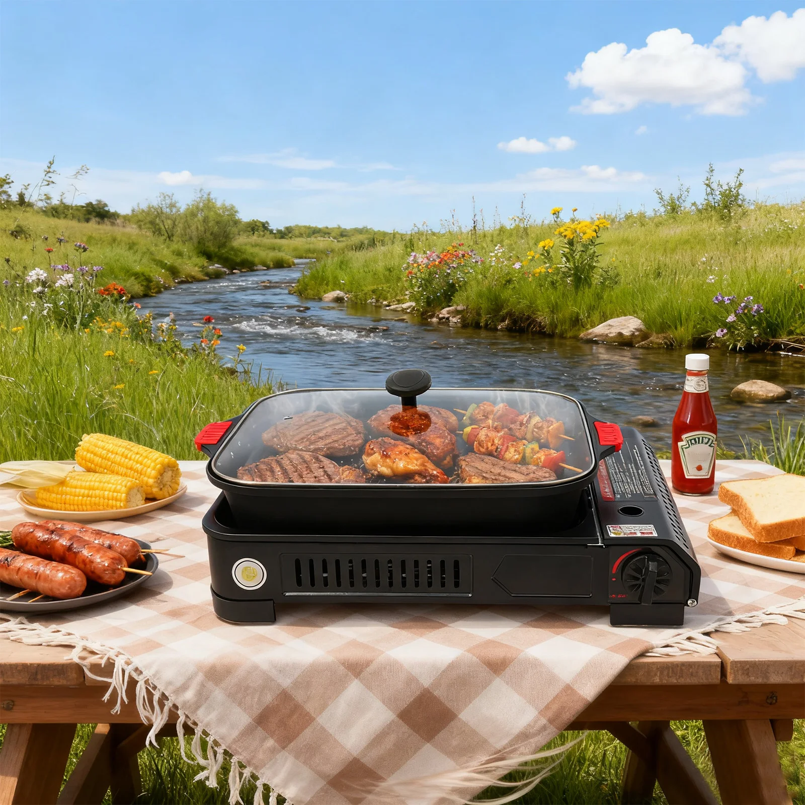 

Портативная газовая походная плита на бутане с гриль-сковородой и крышкой - 2.1 кВт, мгновенное включение, для патио/кемпинга/домашней готовки