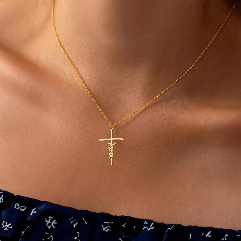 

Персонализированное ожерелье с именем креста, религиозные украшения, ожерелье с подвеской в виде креста на заказ, мужской христианский подарок для женщин и девочек, колье